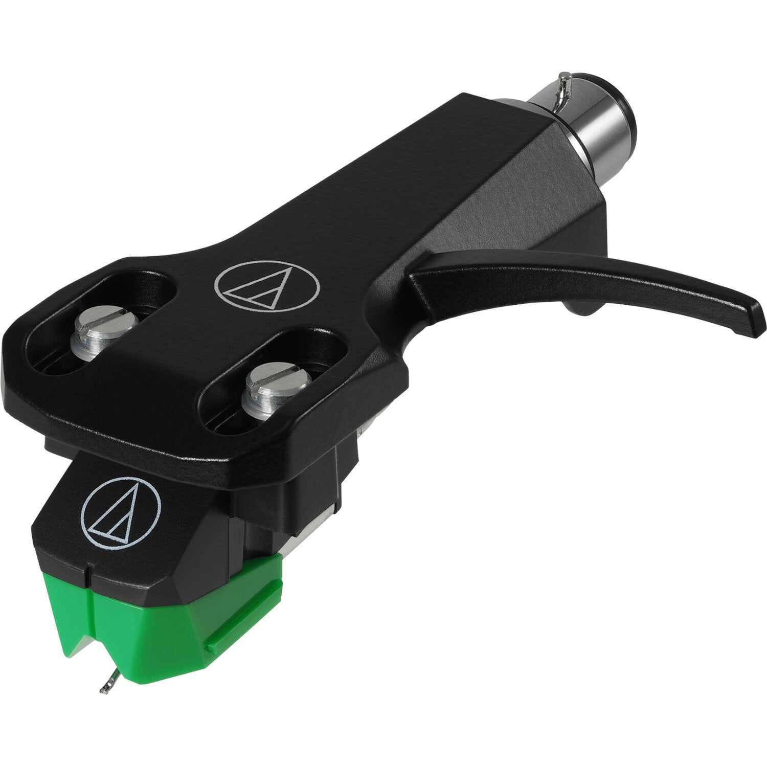 Cellule noire pour platine vinyle avec capuchon et aiguille verts, fond blanc.