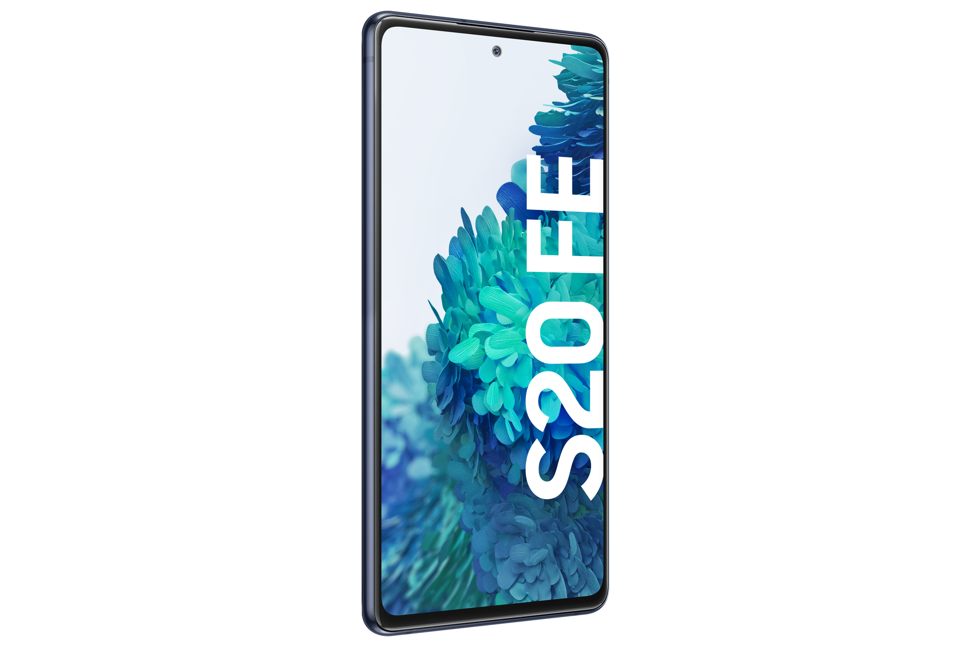 Dunkelblaues Smartphone mit "S20 FE" Schriftzug auf dem Bildschirm.
