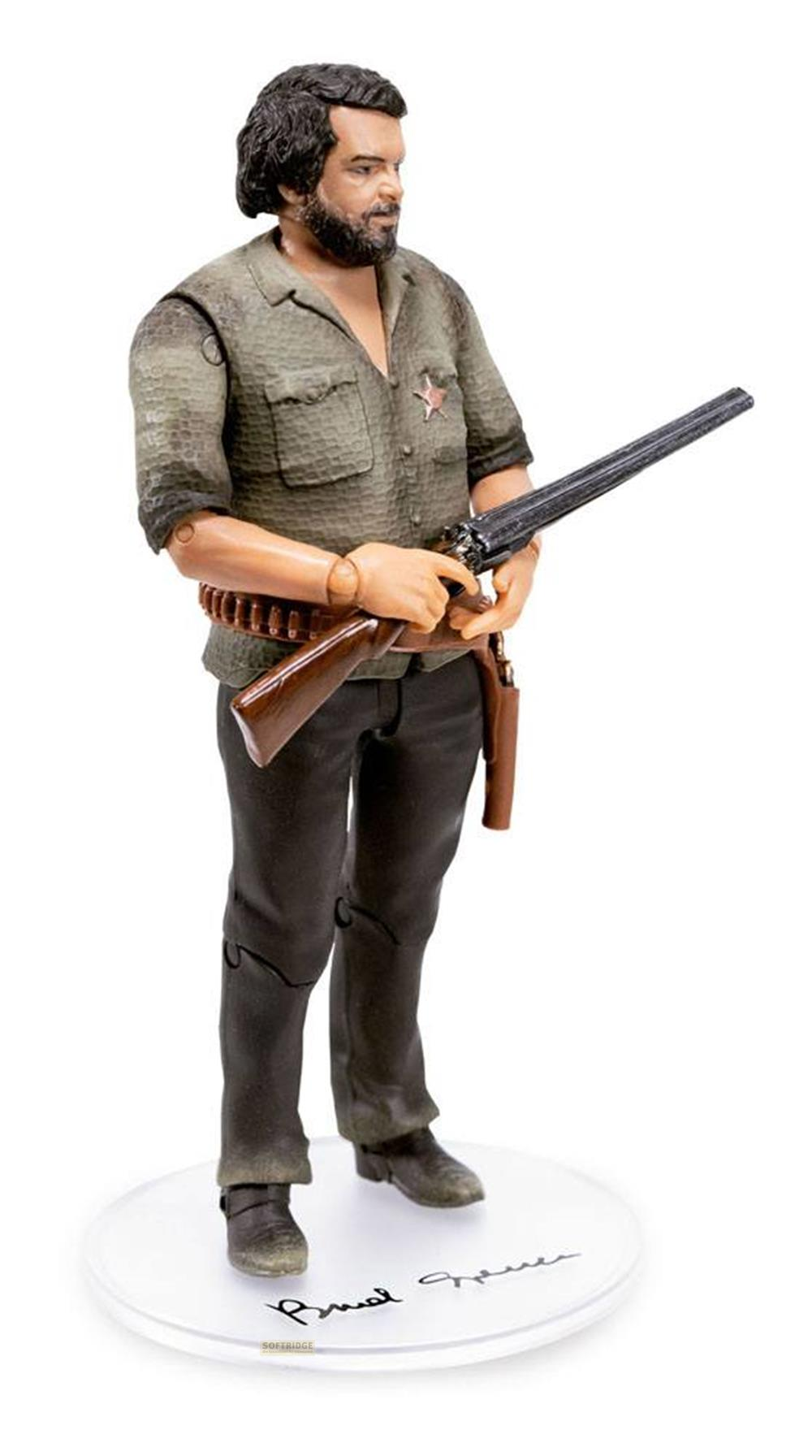Eine Actionfigur eines Mannes mit Bart, der eine grüne Hemde und eine Gewehr trägt.