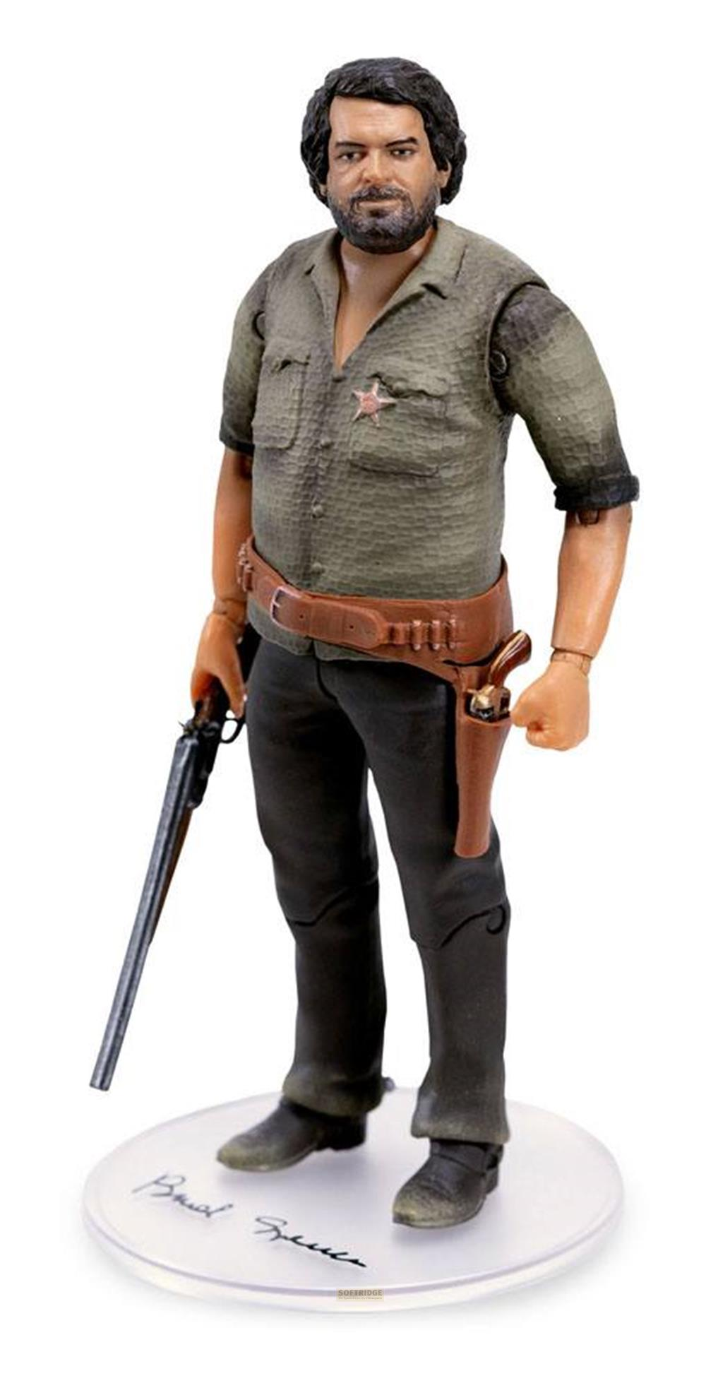 Eine Actionfigur eines Mannes mit Bart, der eine grüne Weste, dunkle Hose und einen Revolvergürtel trägt.