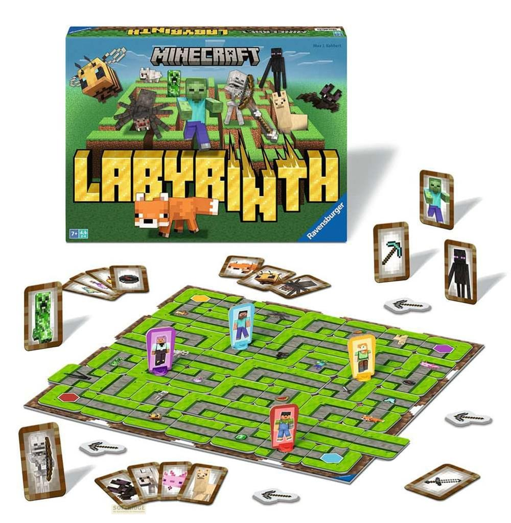 Gra planszowa Minecraft Labyrinth z pionkami i kartami na planszy labiryntu.