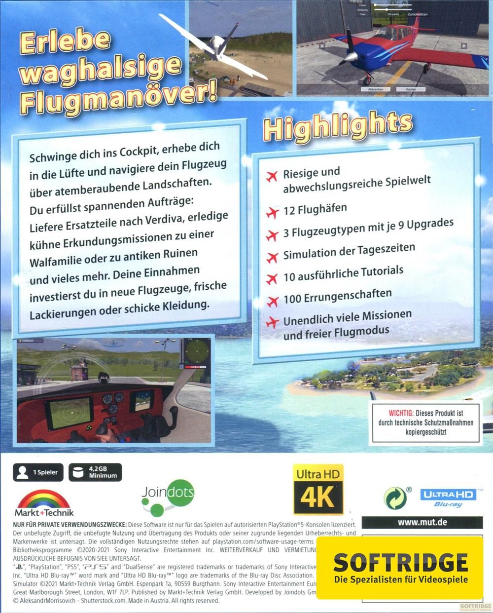 Spielcover mit Flugzeugen, Text und Highlights. Bietet 1 Spieler, 4,2 GB, Ultra HD 4K.