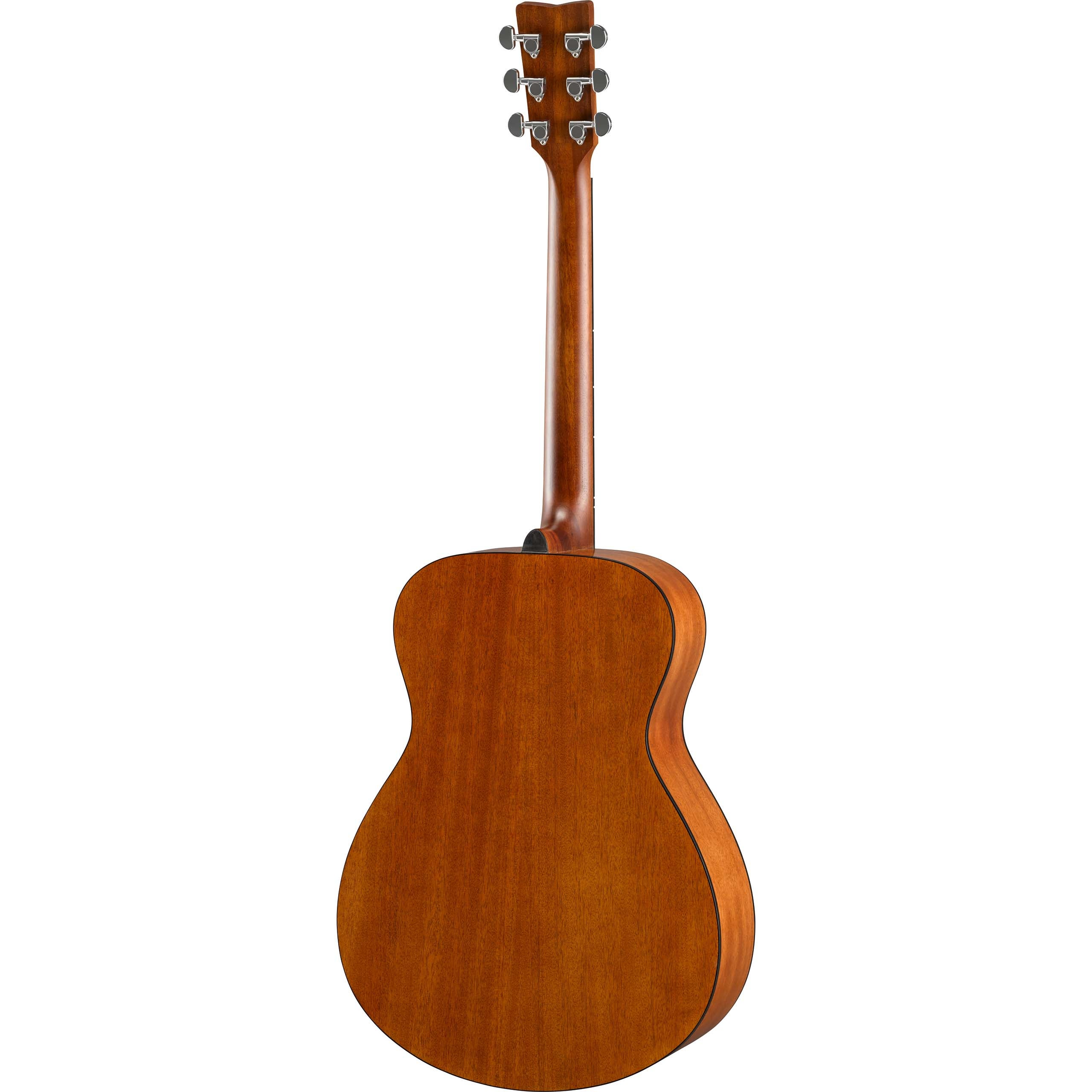Achterkant van een bruine akoestische gitaar met hals en stemknoppen.