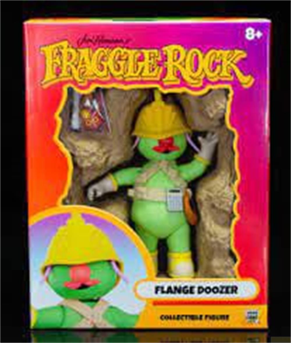 Fraggle Rock Flange Doozer Actionfigur in Verpackung mit Comic-Details.