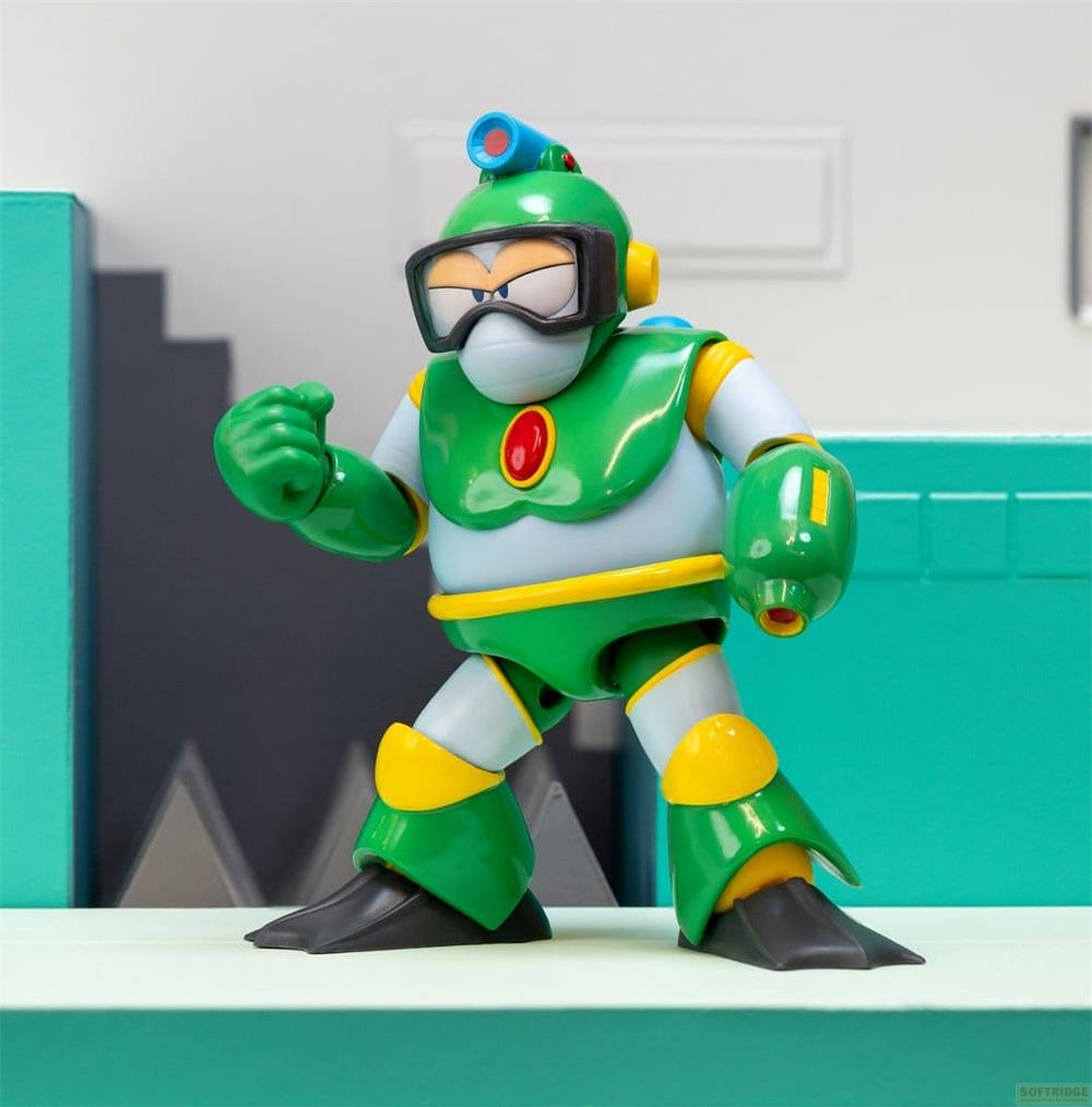Ein grüner Roboter mit Taucherbrille und Flossen steht im Kampfmodus.