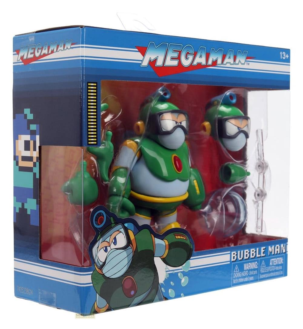 Megaman Bubble Man Actionfigur in grüner und blauer Verpackung mit Zubehör.