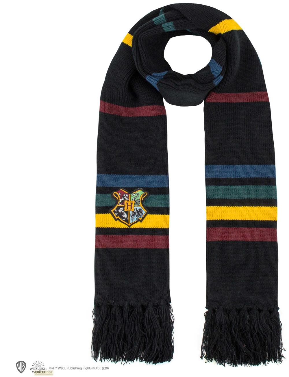 Schwarzer Schal mit Streifen in Rot, Gelb, Blau und Grün mit Hogwarts-Emblem.
