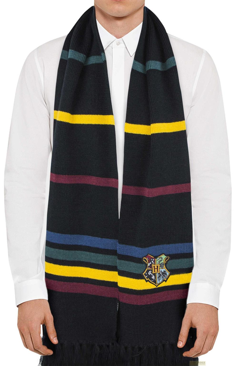 Ein Mann trägt einen dunkelblauen Schal mit horizontalen Streifen in Gelb, Burgunderrot, Blau und Grün.