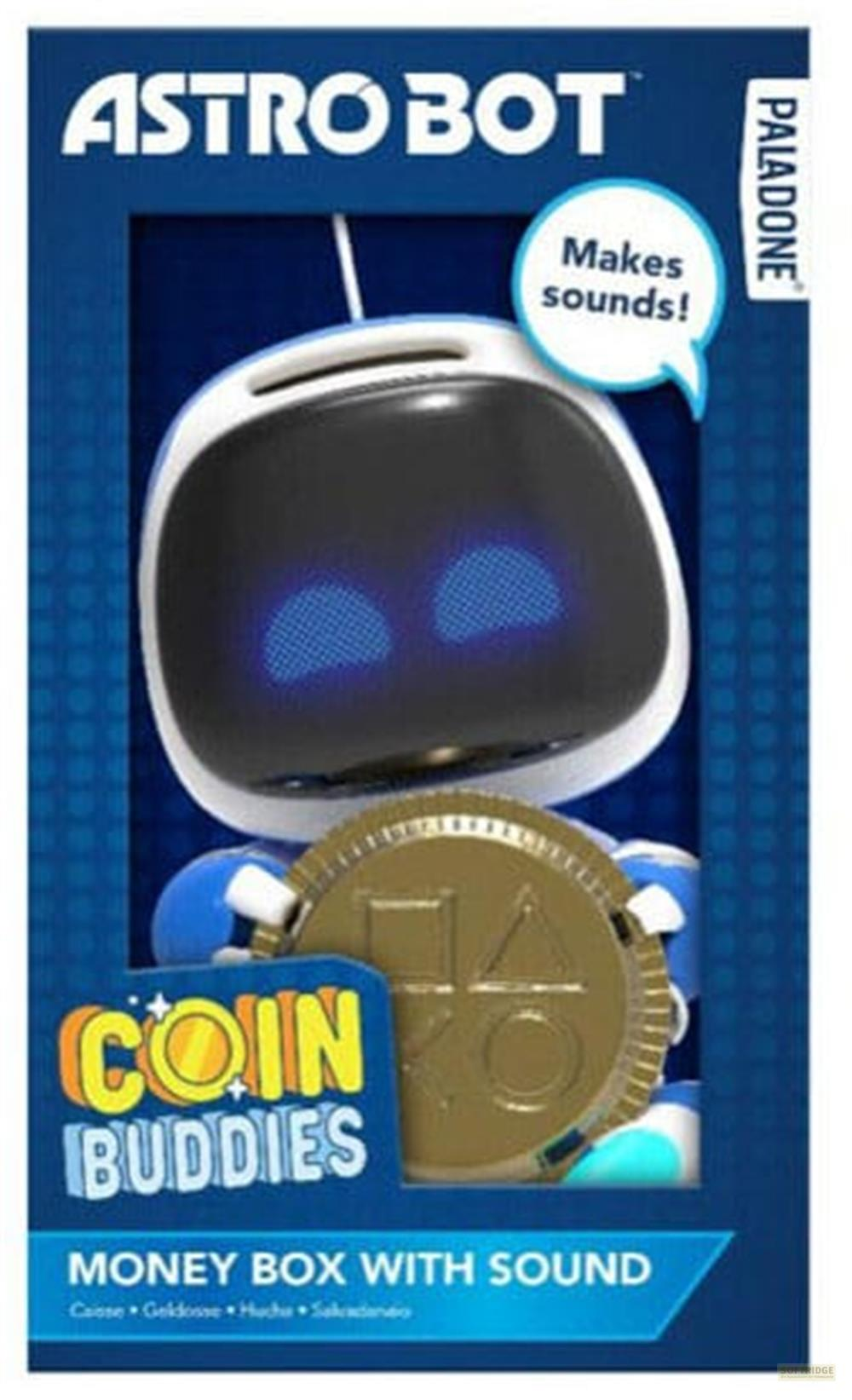 Pudełko na pieniądze Astro Bot z dźwiękiem i dużą złotą monetą.