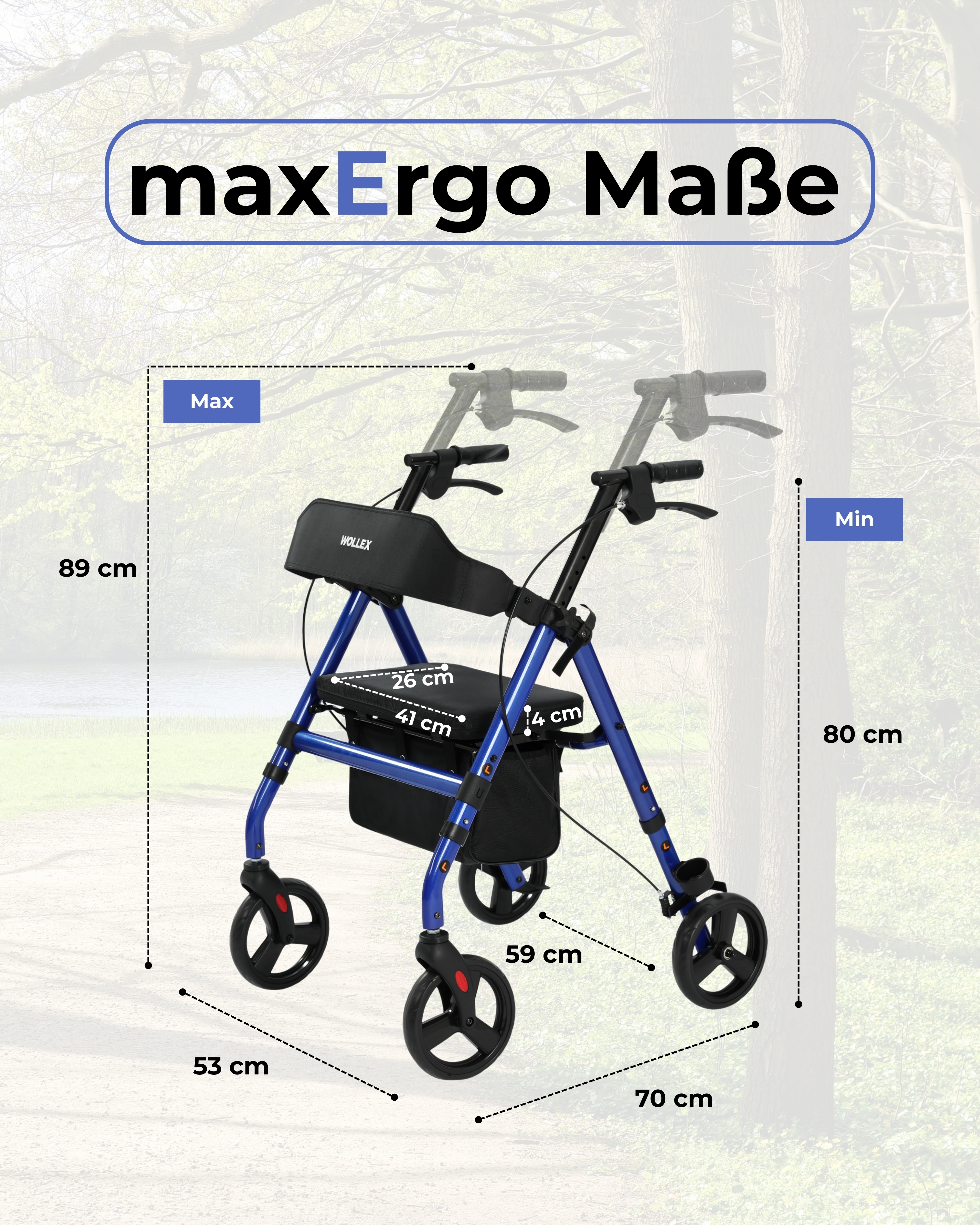 Blauer Rollator mit Sitz, Einkaufstasche und Maßen (89, 53, 26, 41, 14, 59, 70, 80 cm).