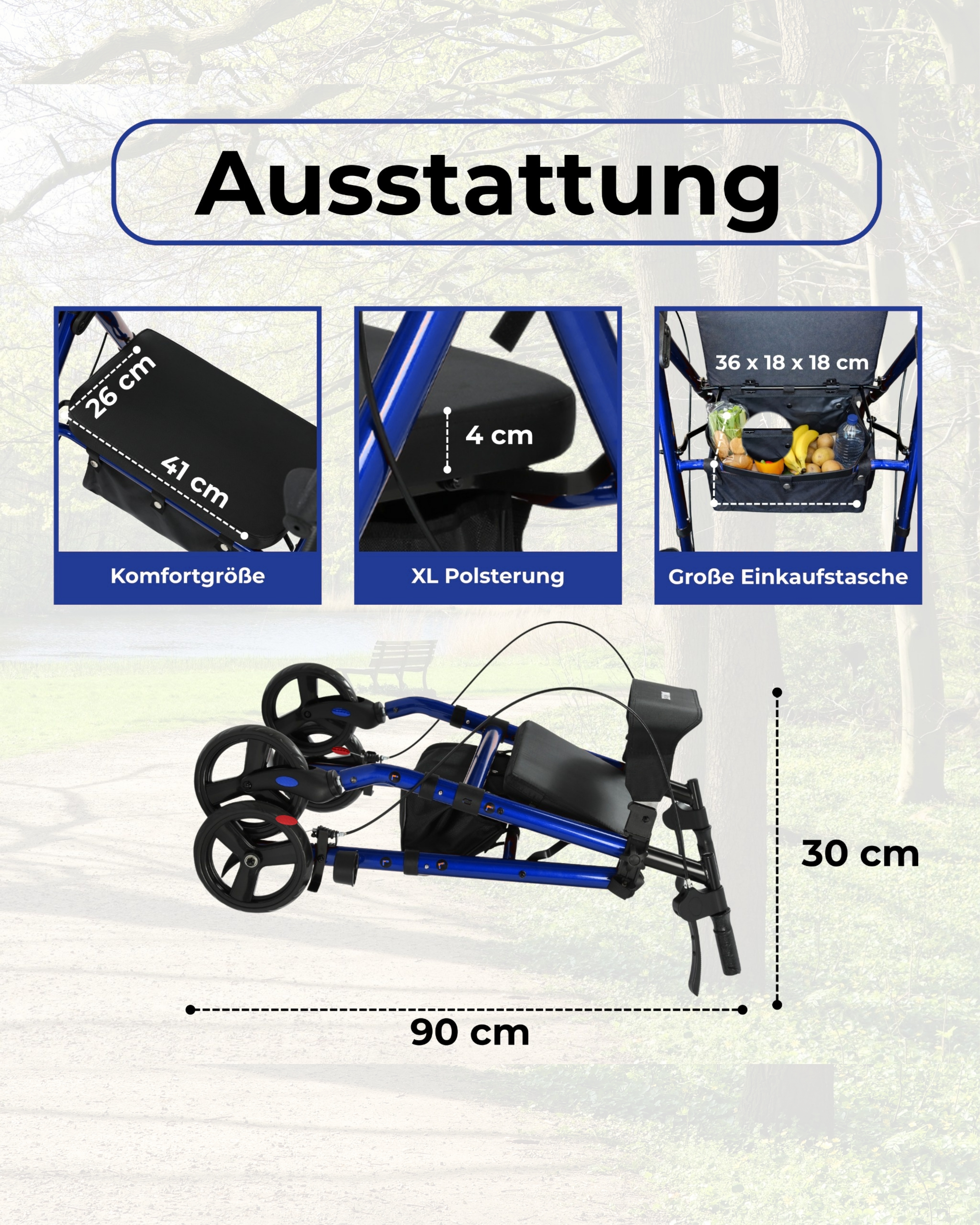 Blauer Rollator mit Sitz, Einkaufstasche und Maßangaben.