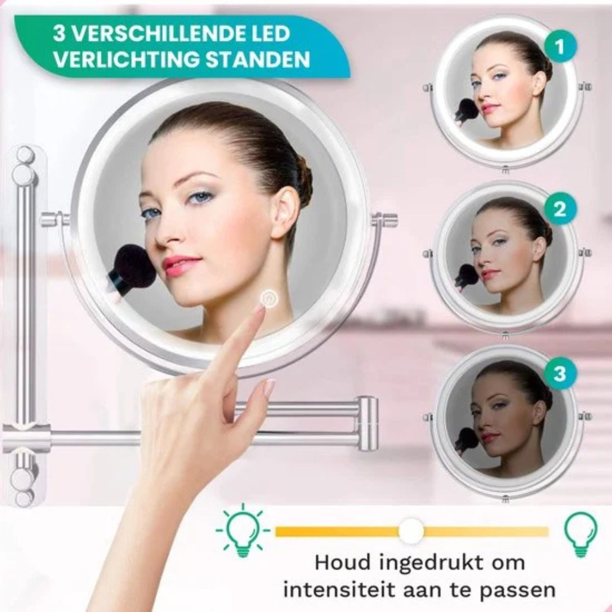 Vrouw met make-upkwast voor verlichte spiegel, toont 3 lichtstanden.