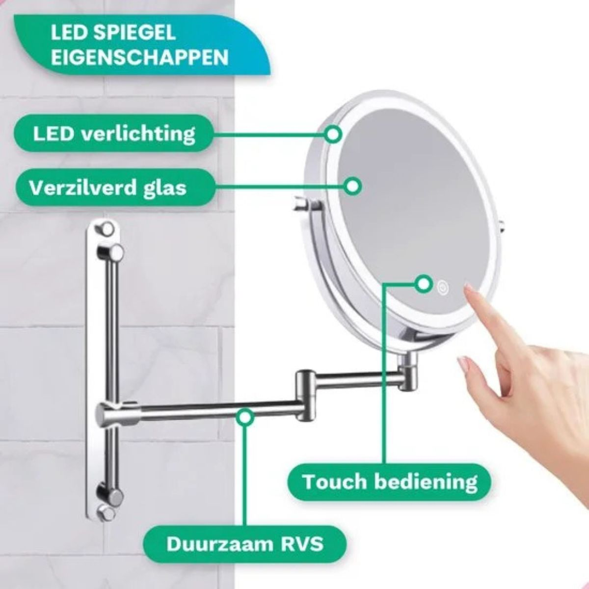Een draaibare make-upspiegel met LED-verlichting, touchbediening en stevige metalen arm.