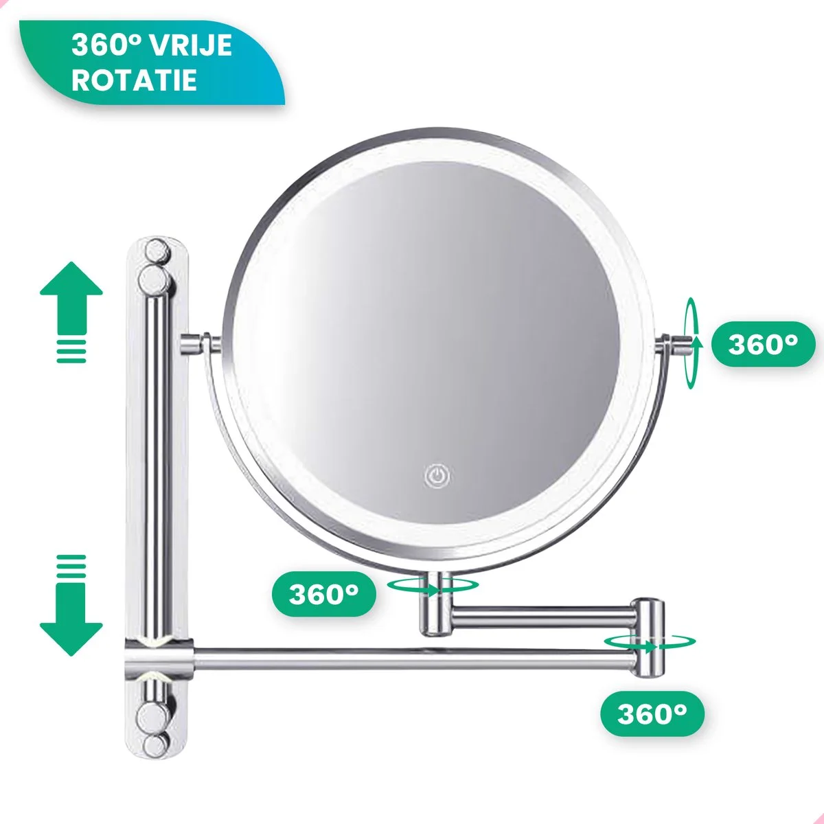 Een ronde LED make-up spiegel met zwenkarm, verstelbaar en draaibaar.