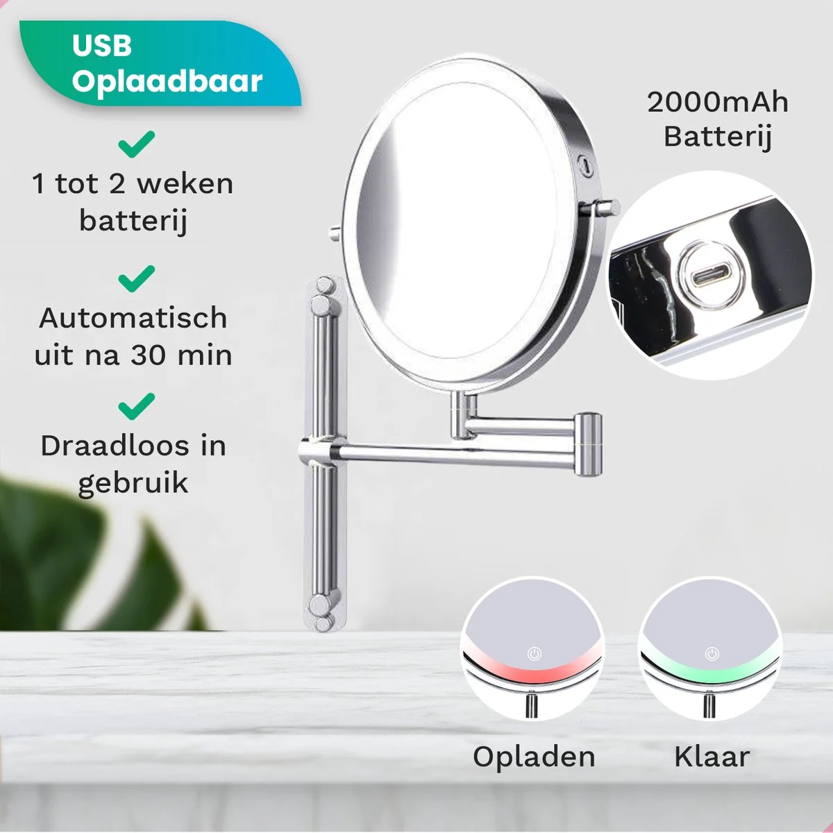 Een USB oplaadbare make-upspiegel met LED-licht en lange batterijduur.