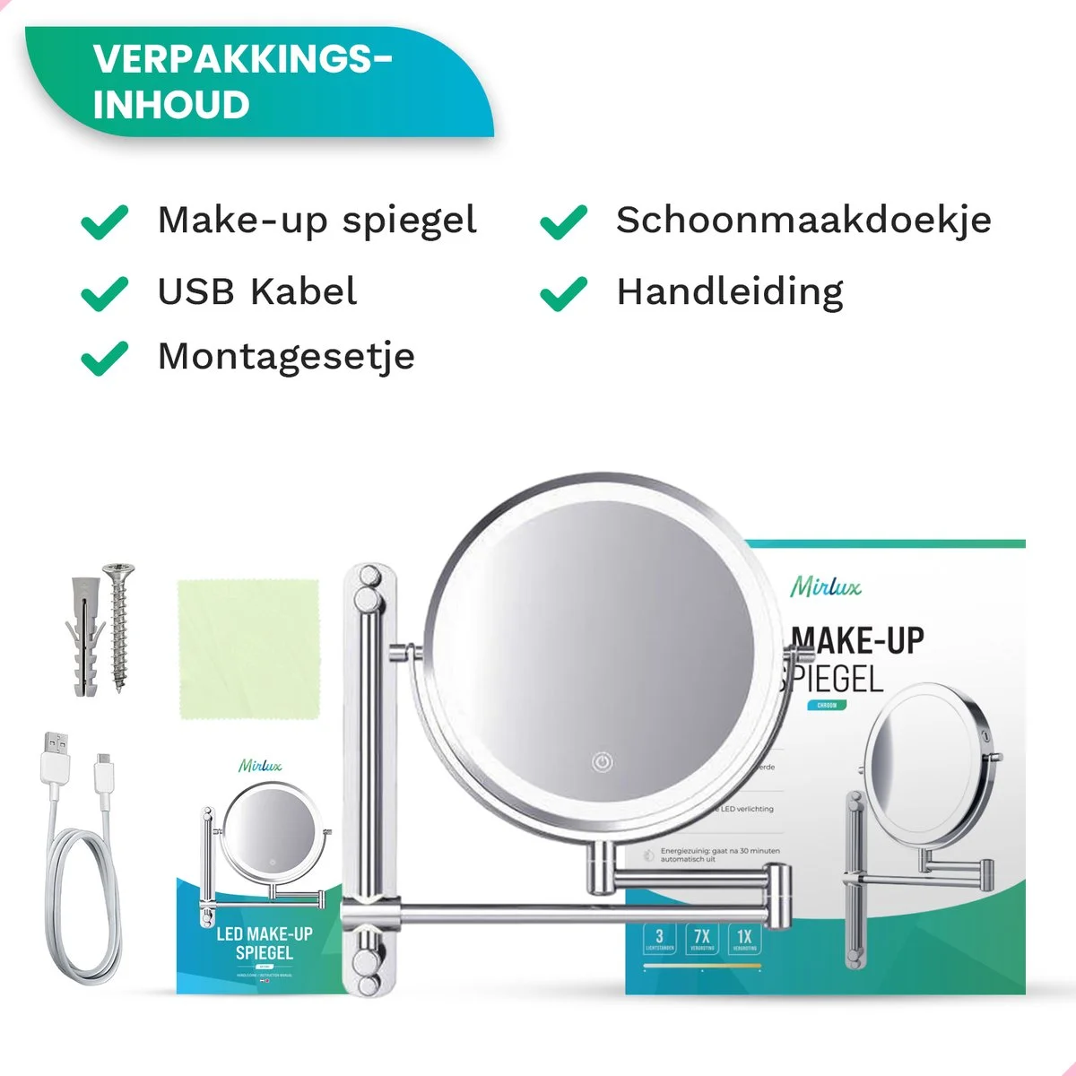 Make-up spiegel met LED-verlichting, USB-kabel, montageset en handleiding.