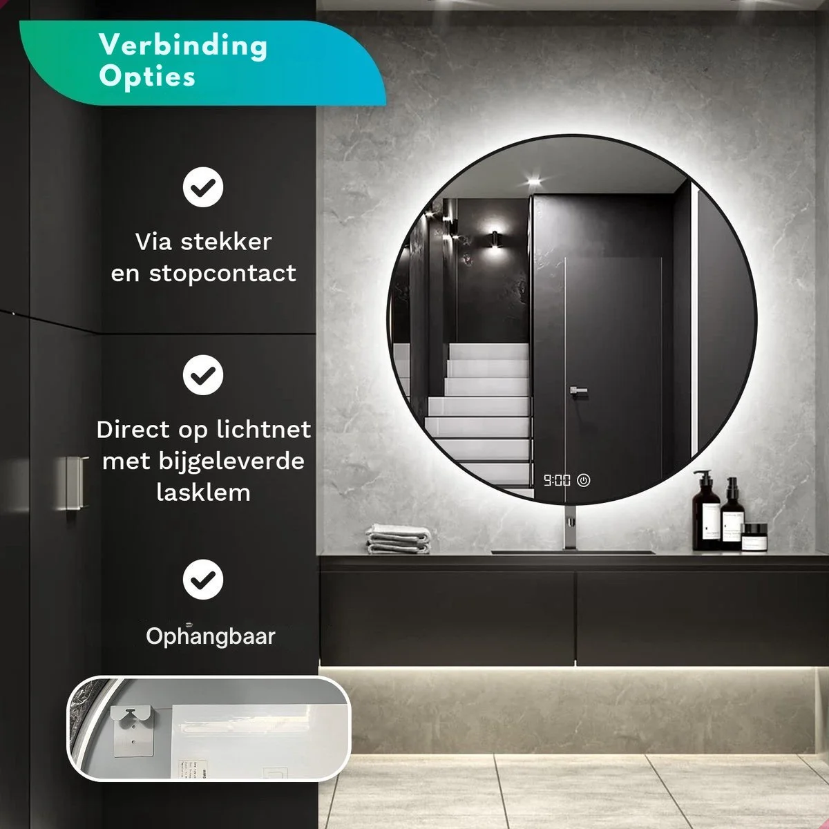 A lit round mirror above a dark vanity with faucet and bottles.