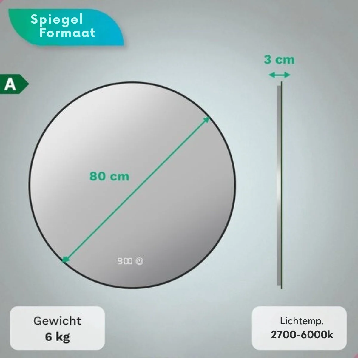 Round mirror, 80cm diameter, 3cm depth. 6kg weight.