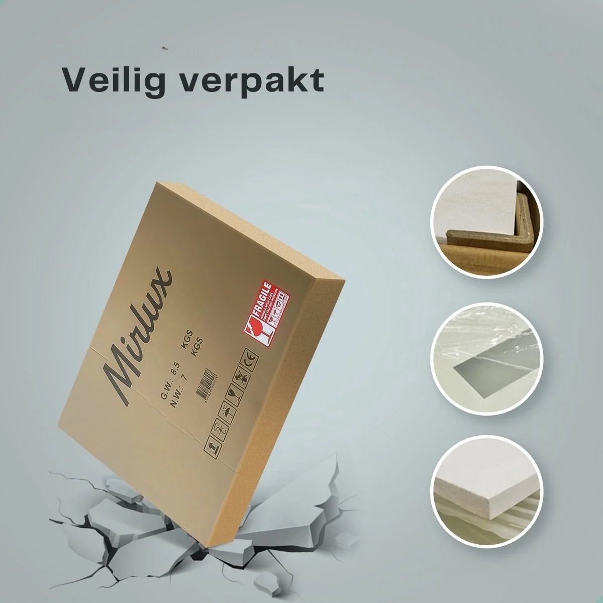 A cardboard box with "Mirlux" branding falls onto cracked ground.