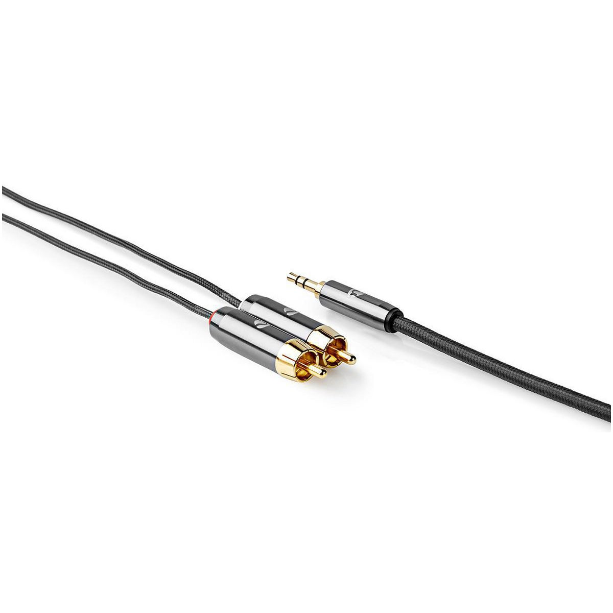 Een zwarte audiokabel met twee RCA-connectoren en een 3,5 mm jack-connector.