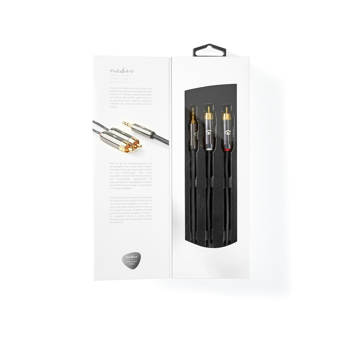 Nedis kabel met vergulde connectoren, gevlochten mantel, voor hoge signaalkwaliteit.