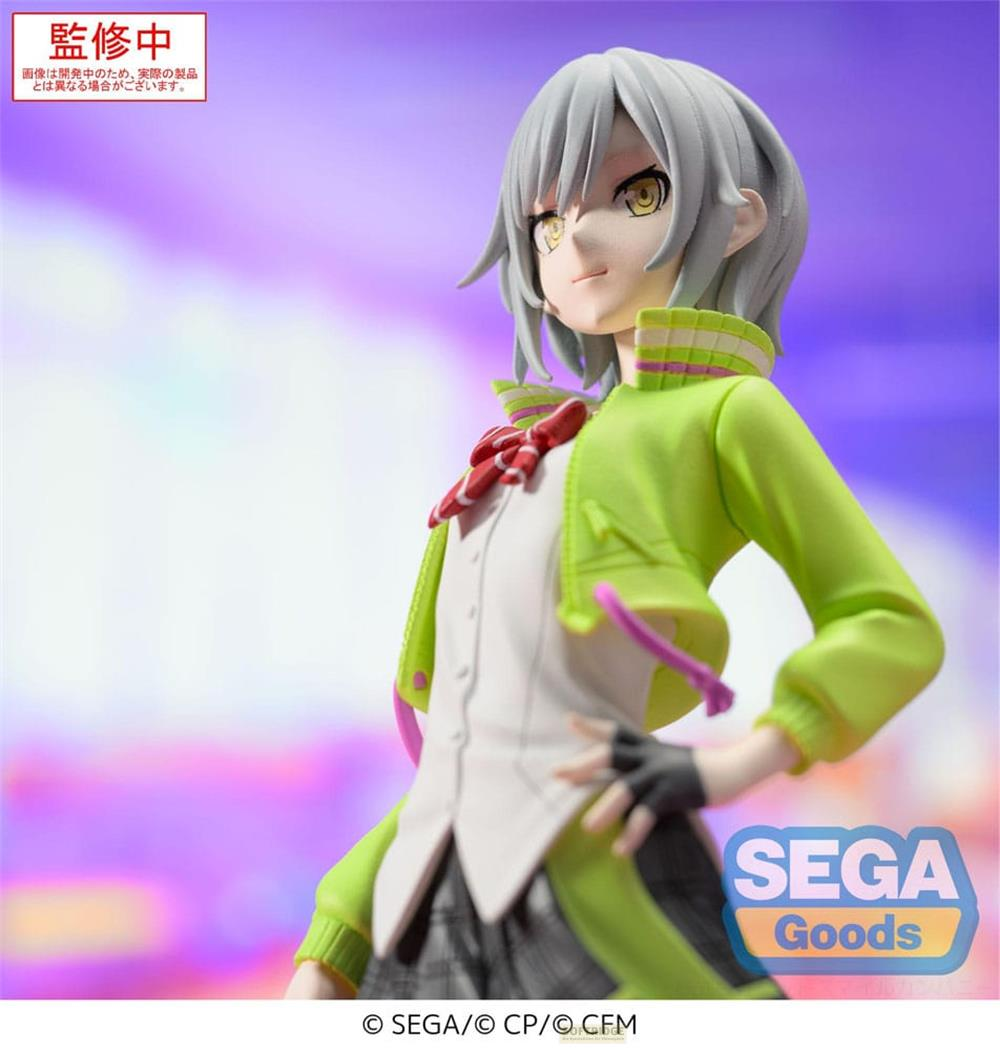 Anime-Figur mit grauem Haar, grüner Jacke, weißer Weste und kariertem Rock.