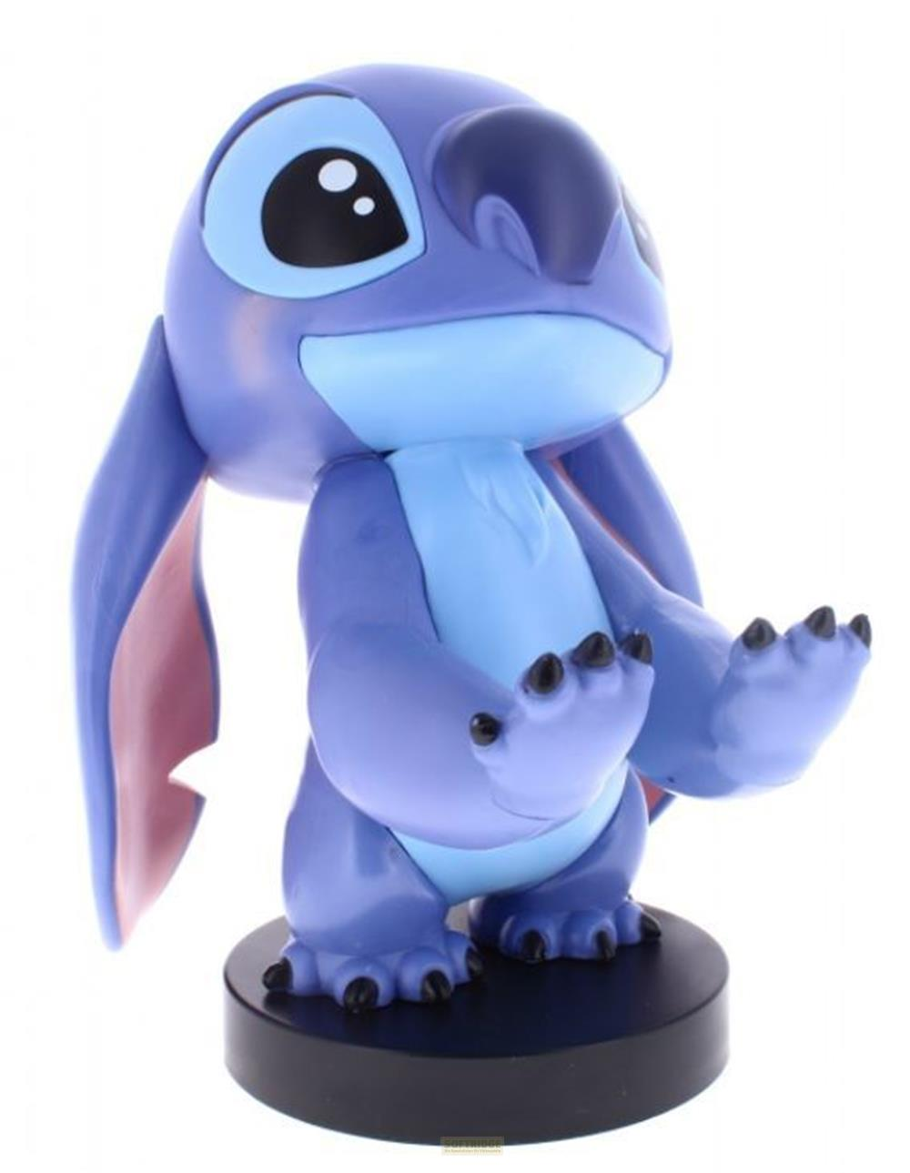 Una figura viola di Stitch con grandi orecchie e pancia blu, su una base nera.