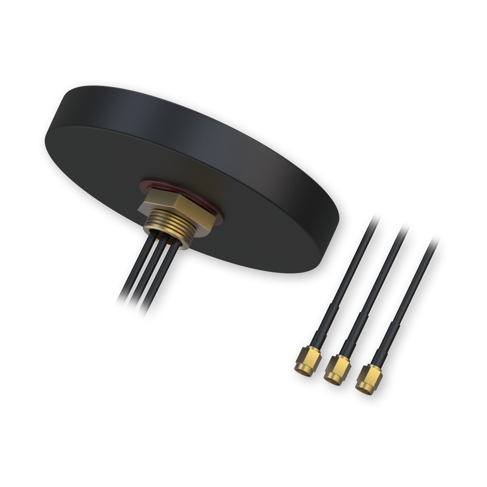 Czarny, okrągły przedmiot z mosiężnym złączem i trzema kablami.