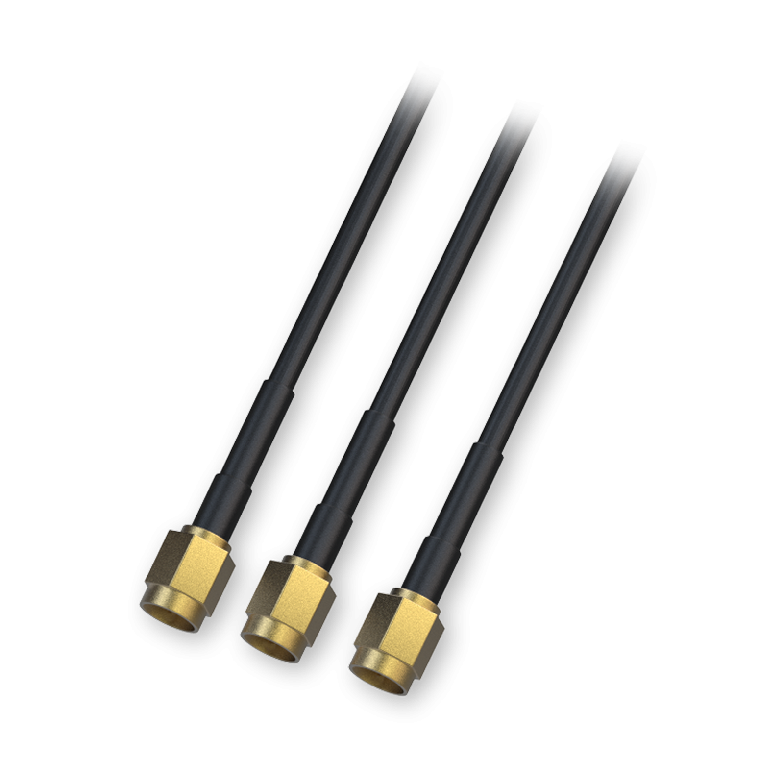 Trzy czarne anteny ze złotymi złączami na białym tle.