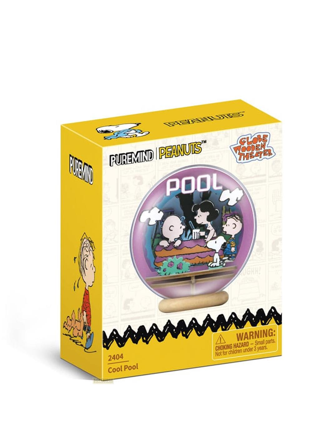Globe de piscine Peanuts avec Snoopy, Charlie Brown, Lucy et Linus. Boîte jaune.