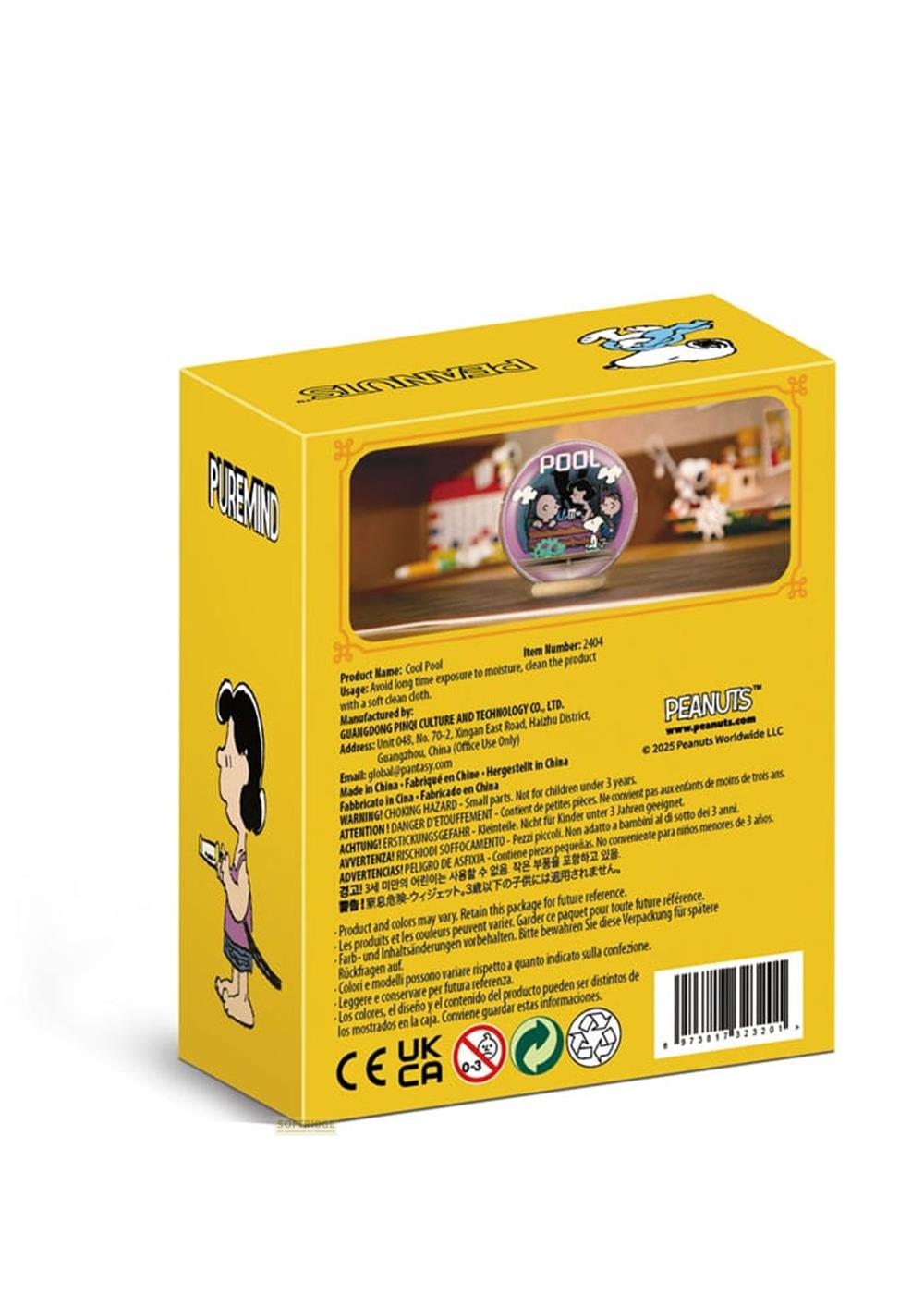 Boîte jaune Peanuts avec Snoopy et Lucy. Comprend un diorama avec scène de piscine.