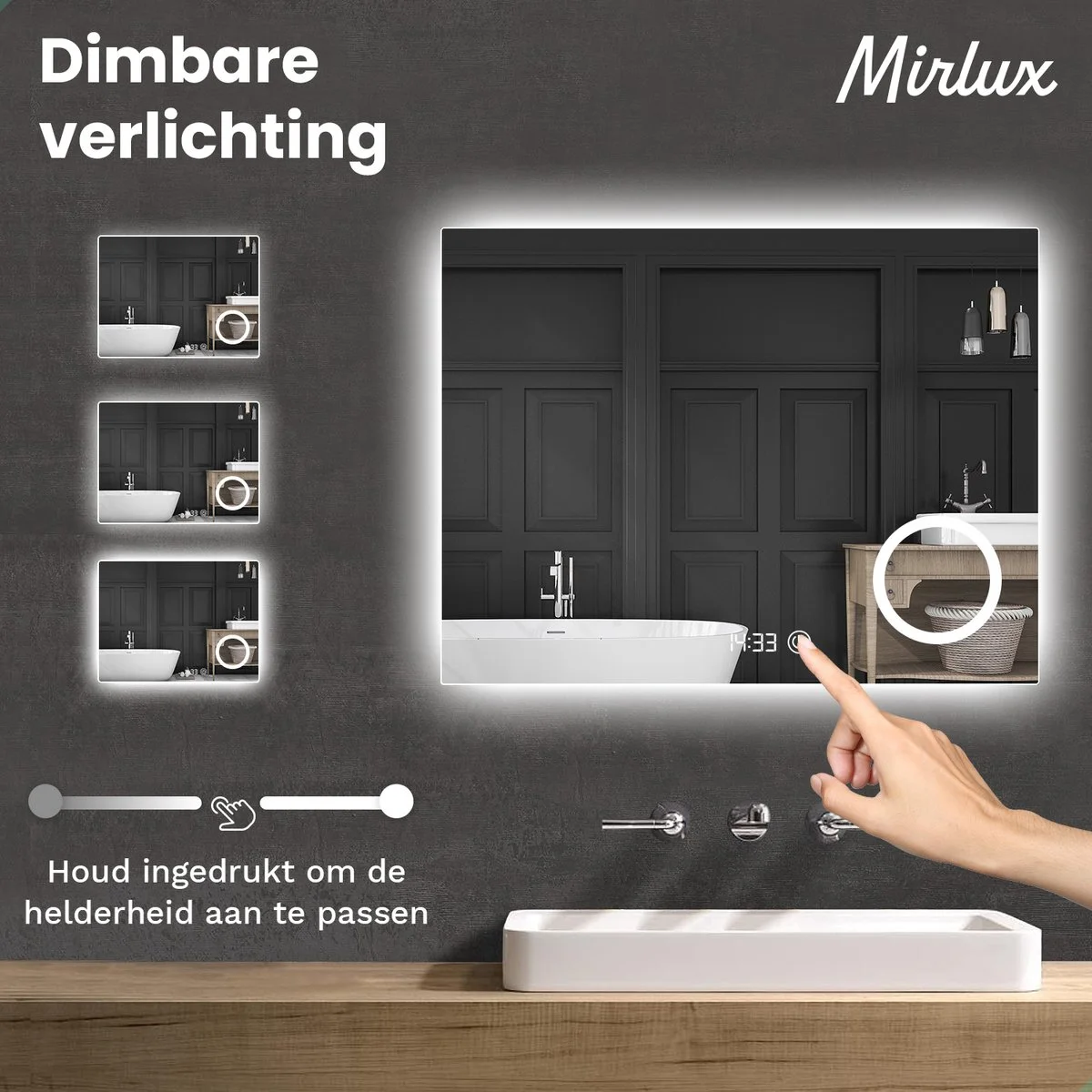 Bathroom mirror with touchscreen clock, illuminated edge, and three small preview images.