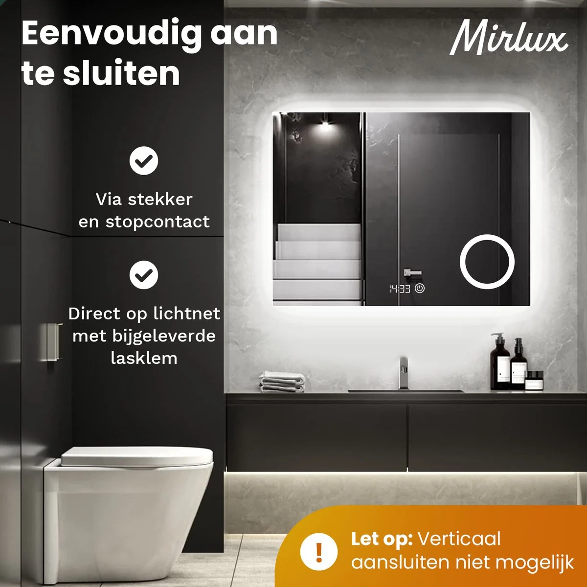Modern bathroom with illuminated mirror and toilet. Easy installation.