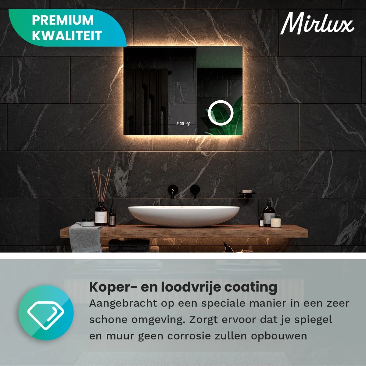 Modern bathroom with illuminated mirror, sink, and dark tiled wall.