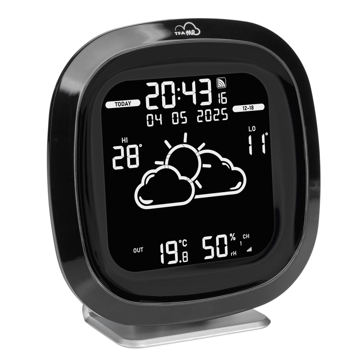 Schwarzes Wetterstation-Display zeigt Zeit, Datum, Temperatur und Wetter.