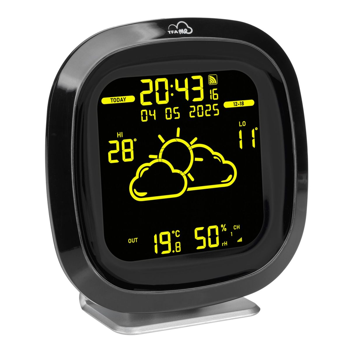 Digitale Wetterstation zeigt Zeit, Datum, Temperatur und Wettervorhersage an.