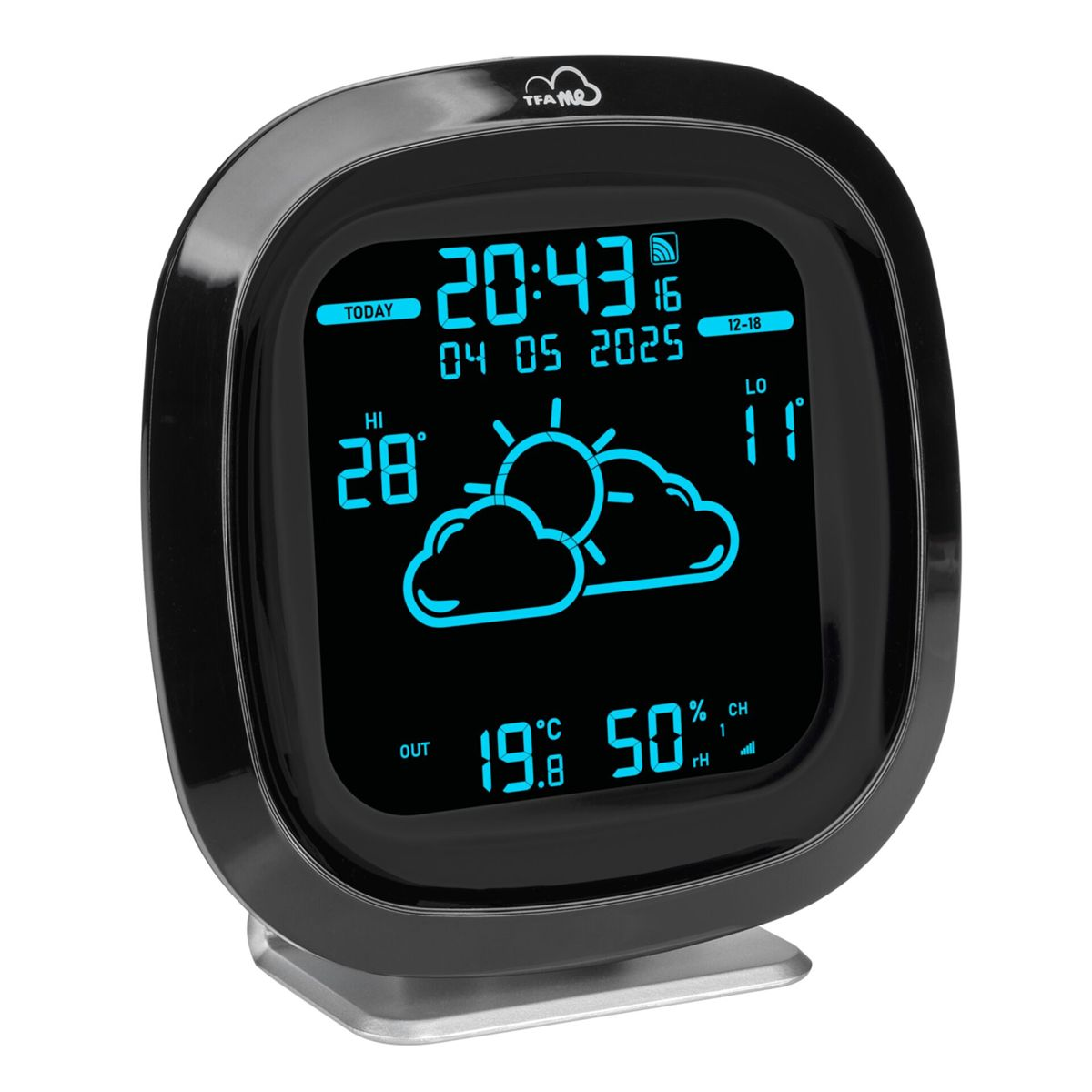 Ein schwarzes Digitalthermometer zeigt 20:43 Uhr, 28°C, 11°C, 19.8°C, 50% Luftfeuchtigkeit.