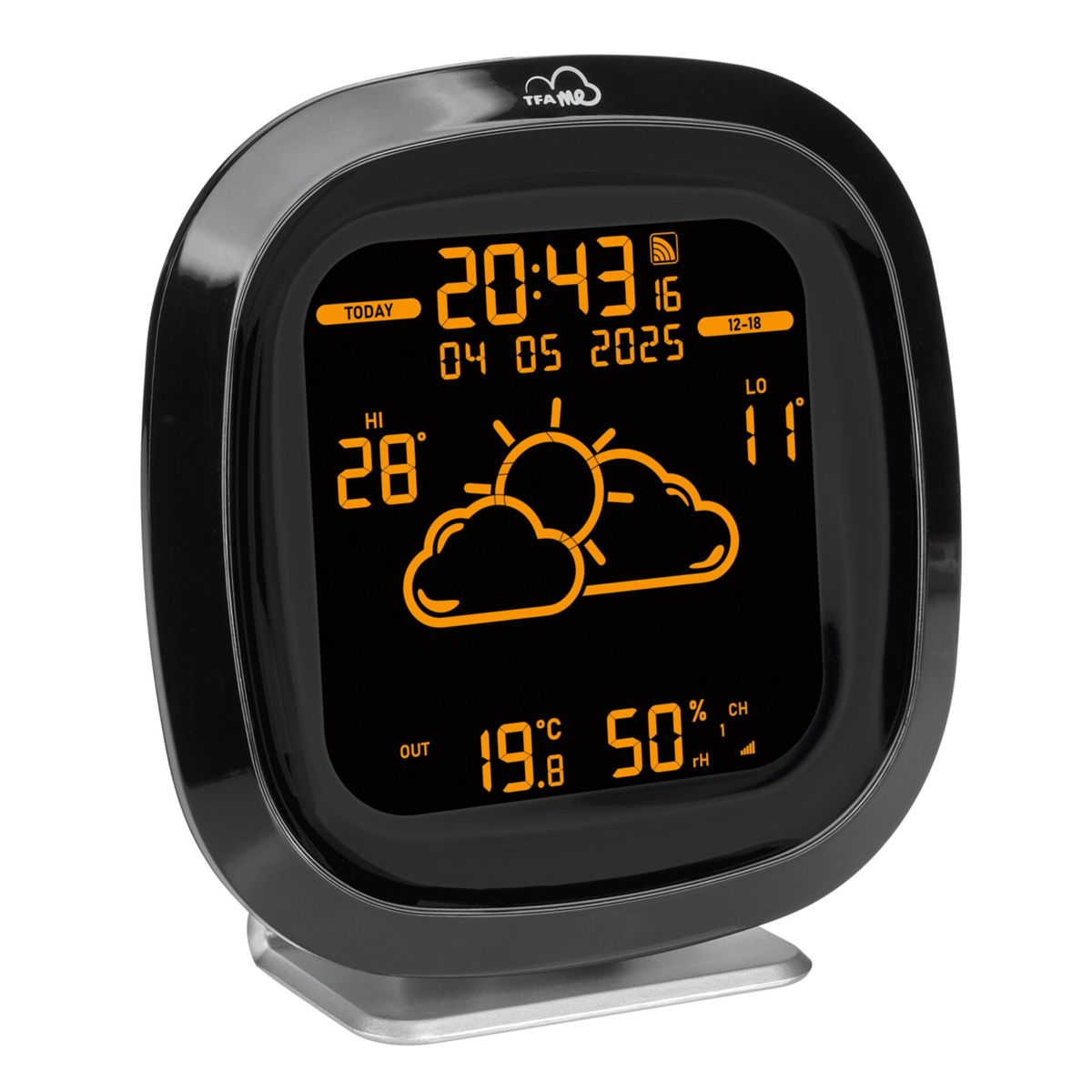 Digitaluhr zeigt 20:43 Uhr, Datum 04.05.2025, 28 Grad HI, 11 Grad LO.