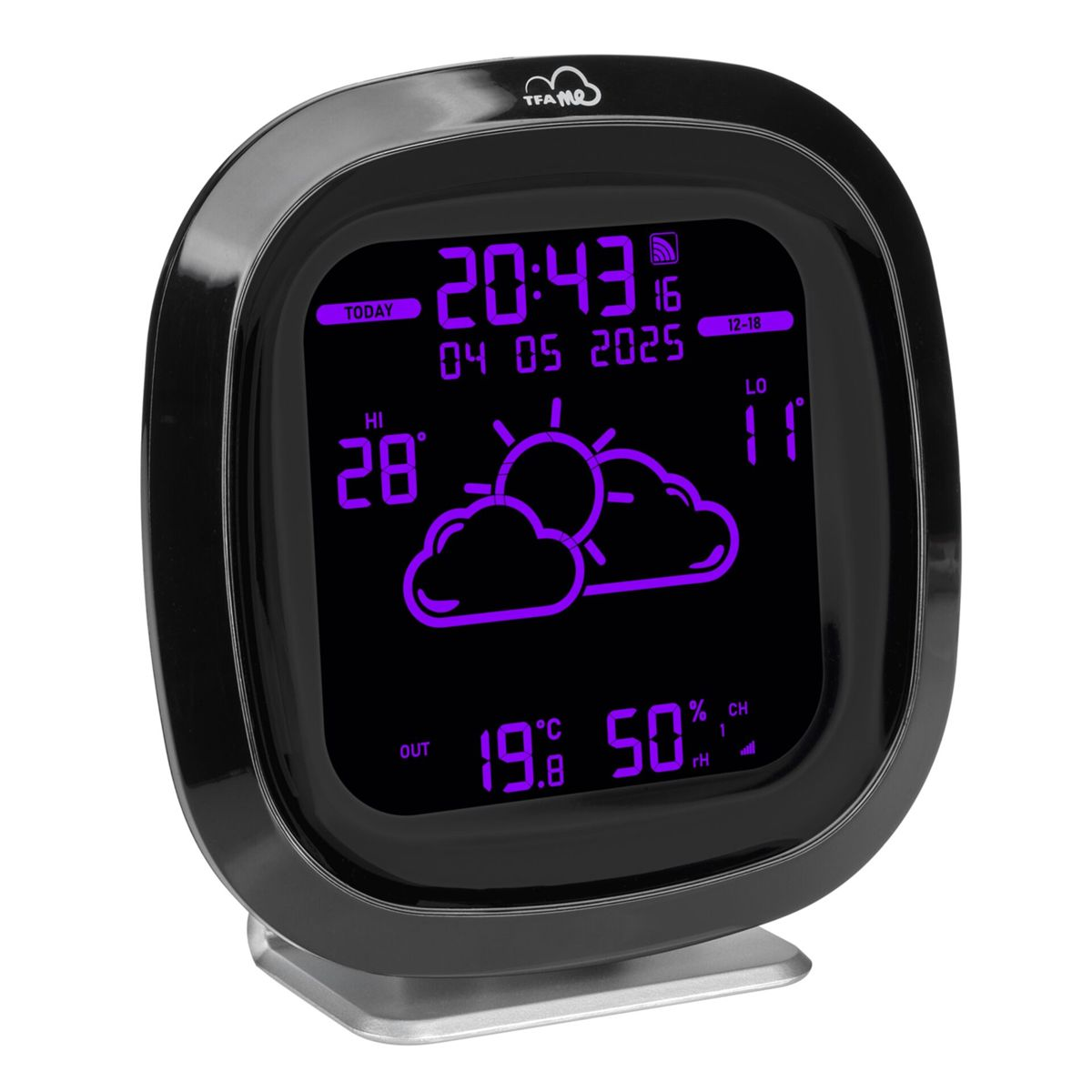 Digitaluhr mit Wetteranzeige: 20:43 Uhr, 28°C (HI), 11°C (LO), 19.8°C (OUT), 50% Luftfeuchtigkeit.