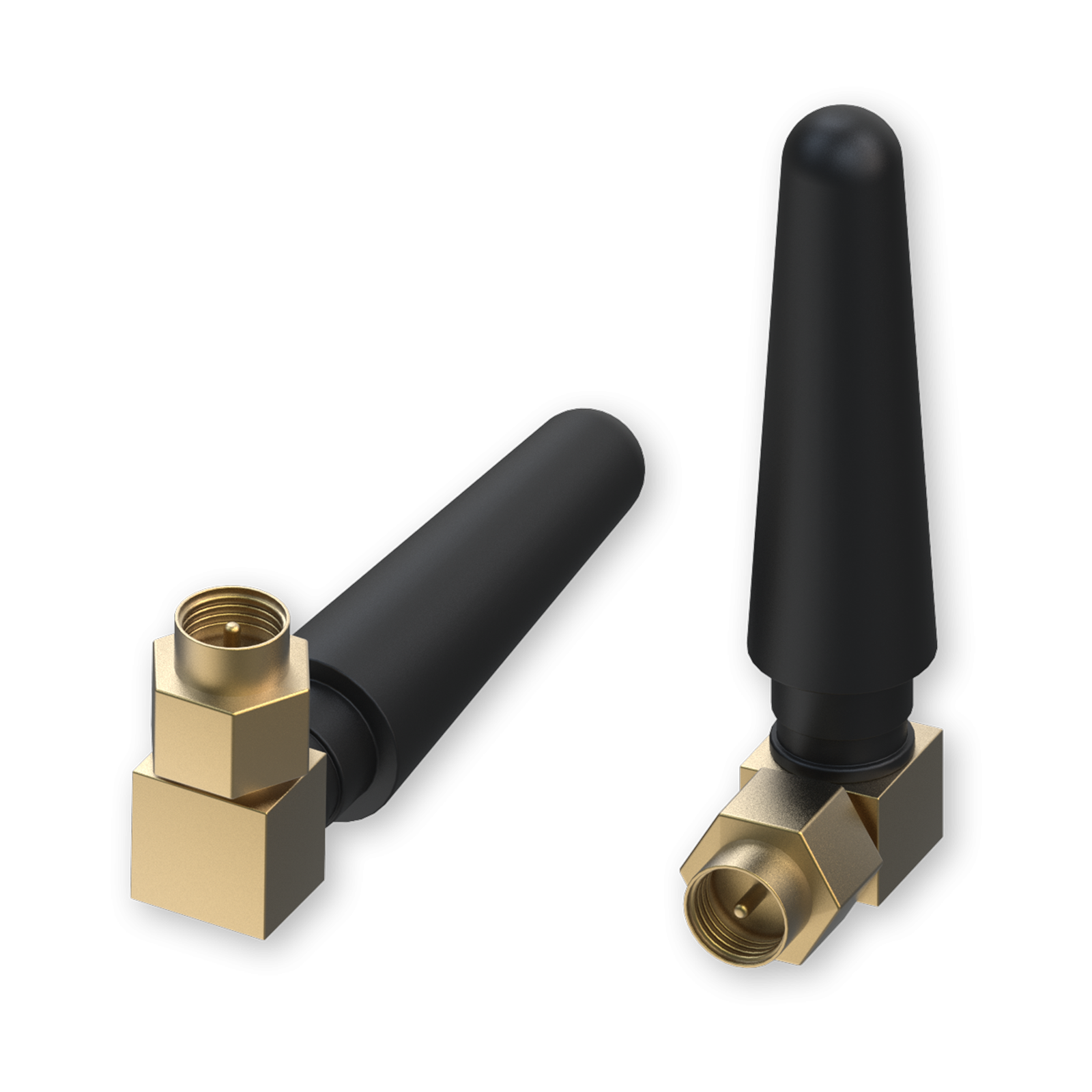 Dwie czarne anteny ze złotymi złączami kątowymi na białym tle.