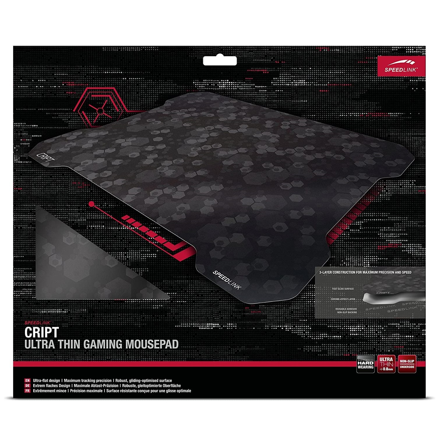 Schwarzes Speedlink CRIPT Gaming-Mauspad mit sechseckigem Muster, ultraflach und dünn.