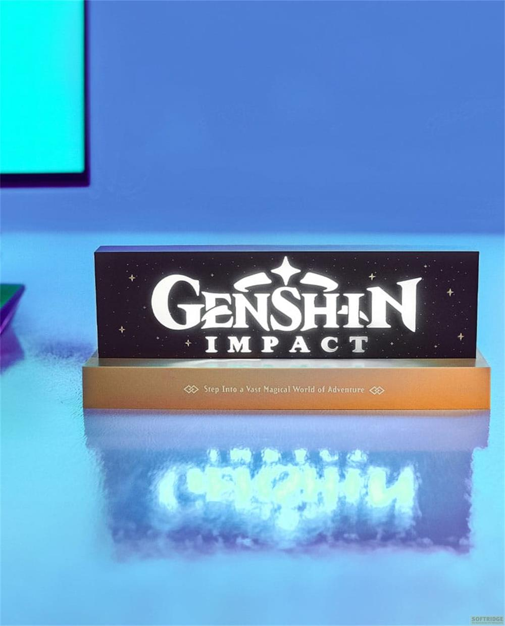Genshin Impact Logo auf schwarzem Hintergrund, auf einem goldenen Sockel.