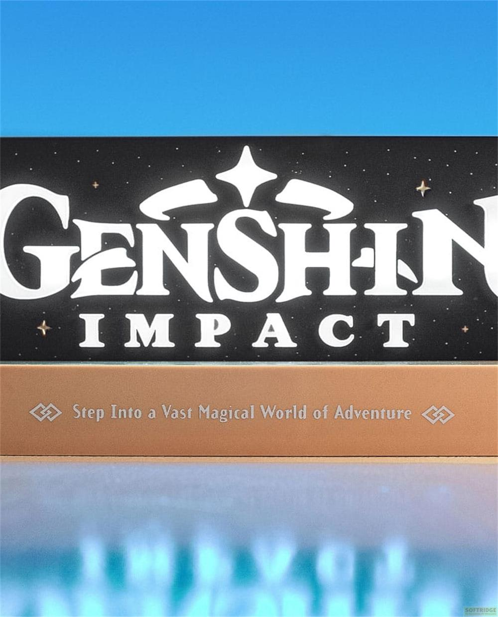 Genshin Impact Logo mit Slogan auf schwarzem und braunem Hintergrund.