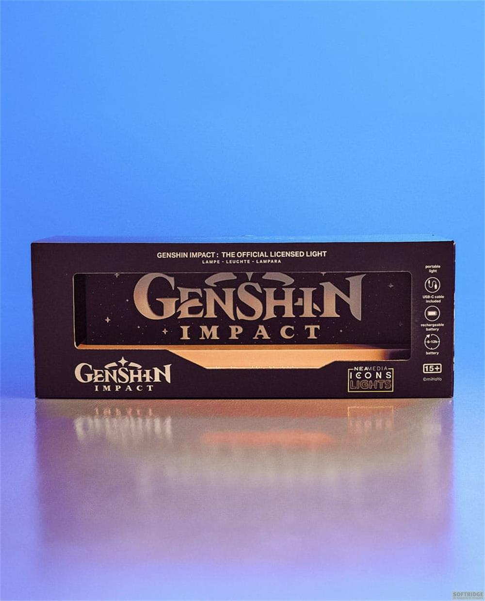 Genshin Impact Lizenzlicht-Verpackung mit Logo und Symbolen auf blauem Hintergrund.