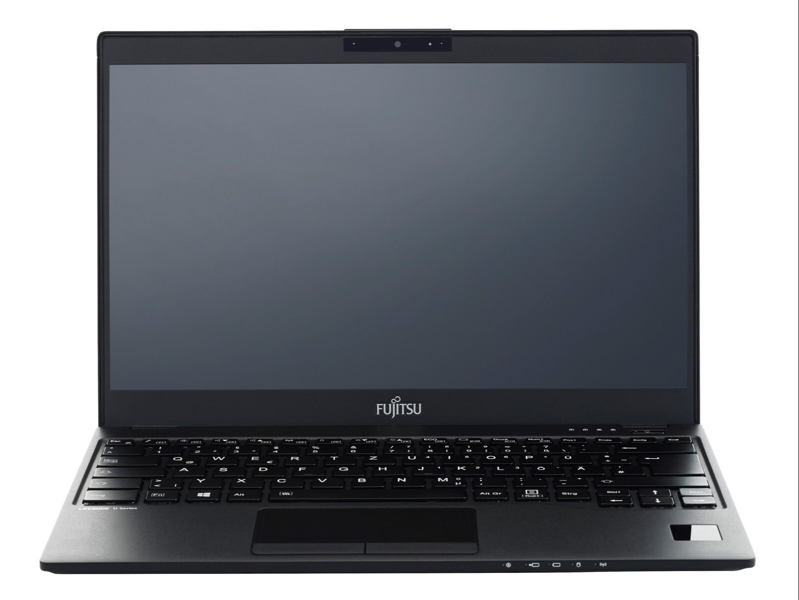 An open black Fujitsu laptop showing the keyboard and screen.