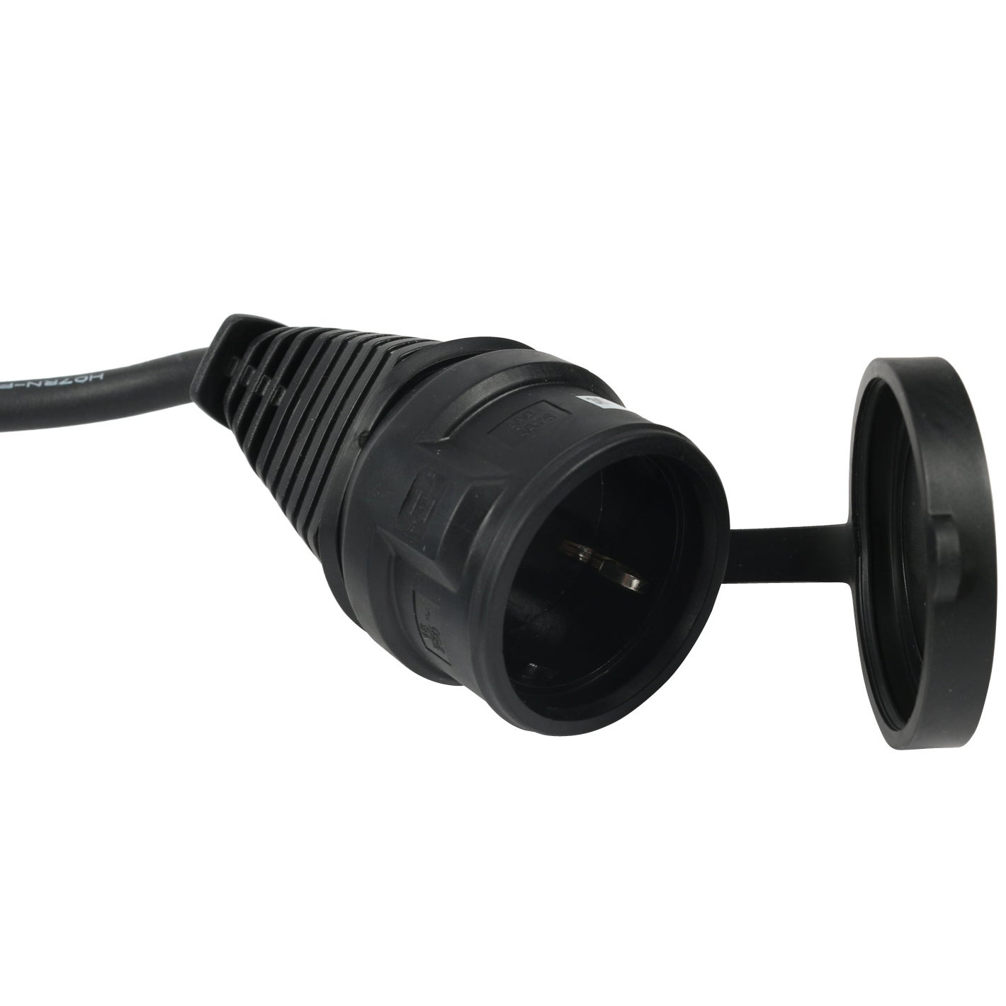 Schwarzer Stecker mit offenem Deckel auf weißem Hintergrund.