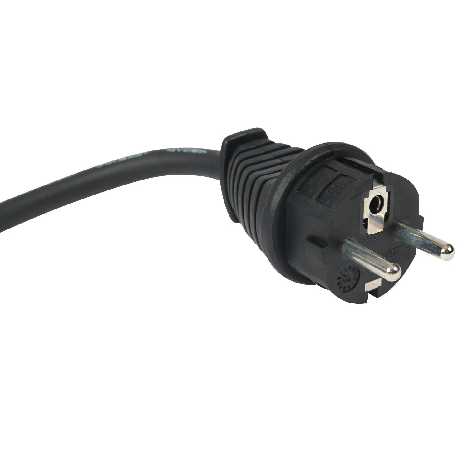 Ein schwarzer Stecker mit zwei silbernen Stiften und einem Kabel.