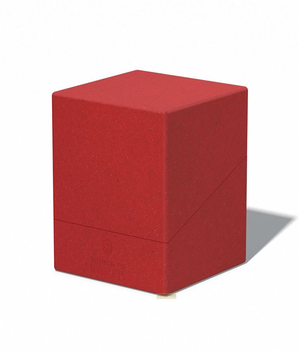 Un contenitore rosso a forma di cubo con coperchio, su una superficie bianca.