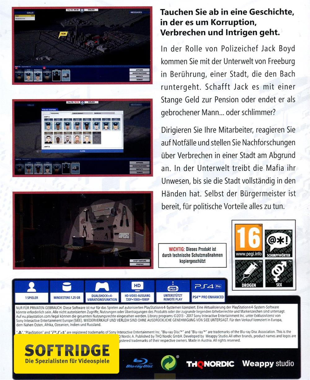 Zrzuty ekranu gry, narzędzia, ocena wiekowa PEGI 16 i logo Softridge.