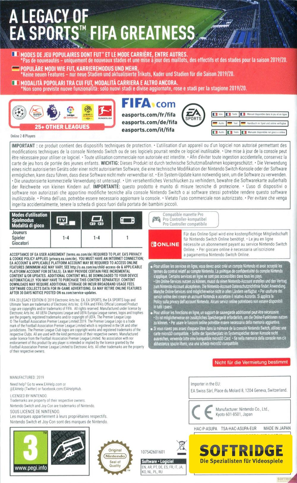 EA SPORTS FIFA 20 Legacy Edition Cover mit Spielmodi, Lizenzen und Nintendo-Informationen.